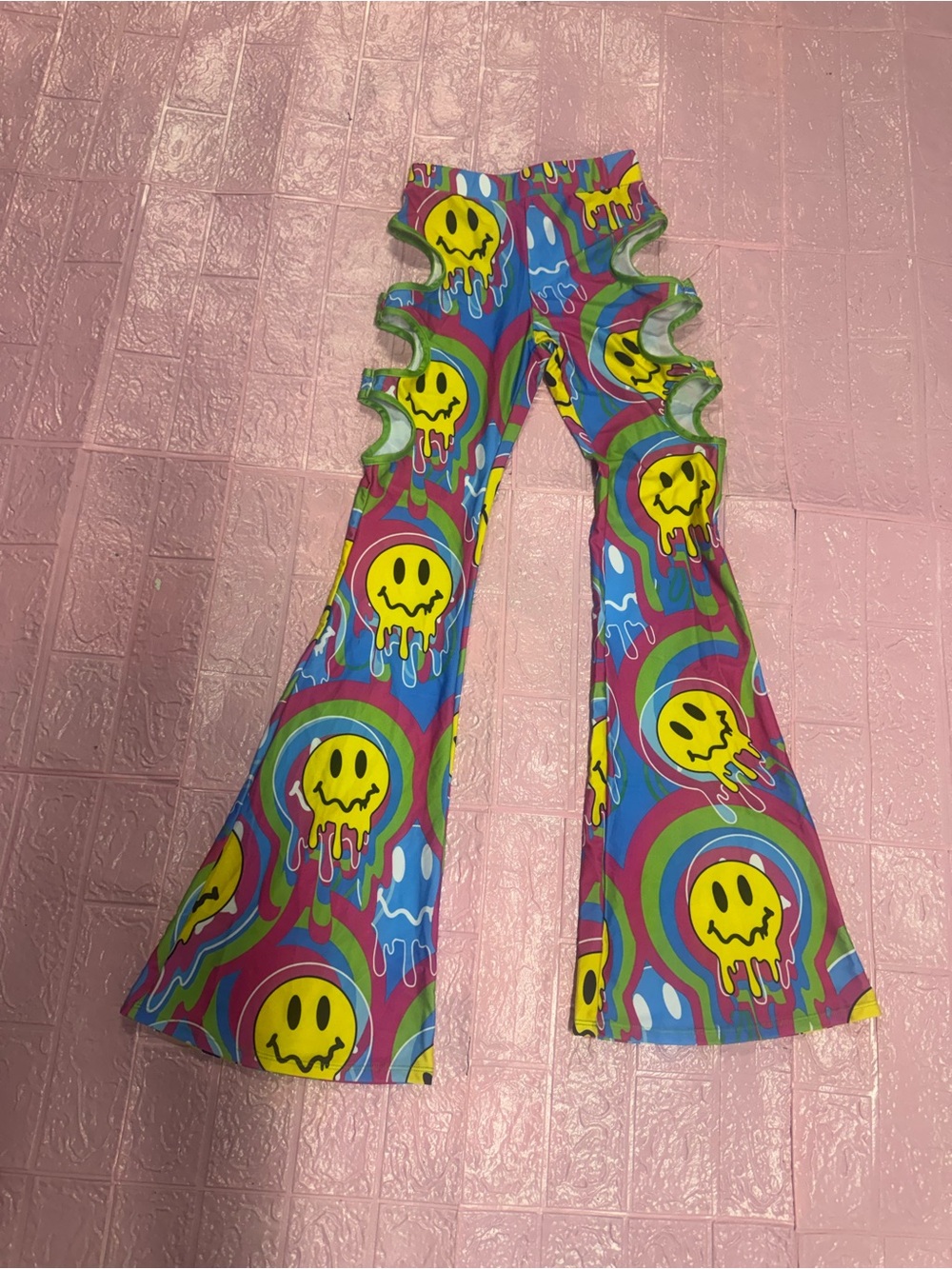 New Xs neon smiley face pants leggings 60s festival rave trippy hippy boho